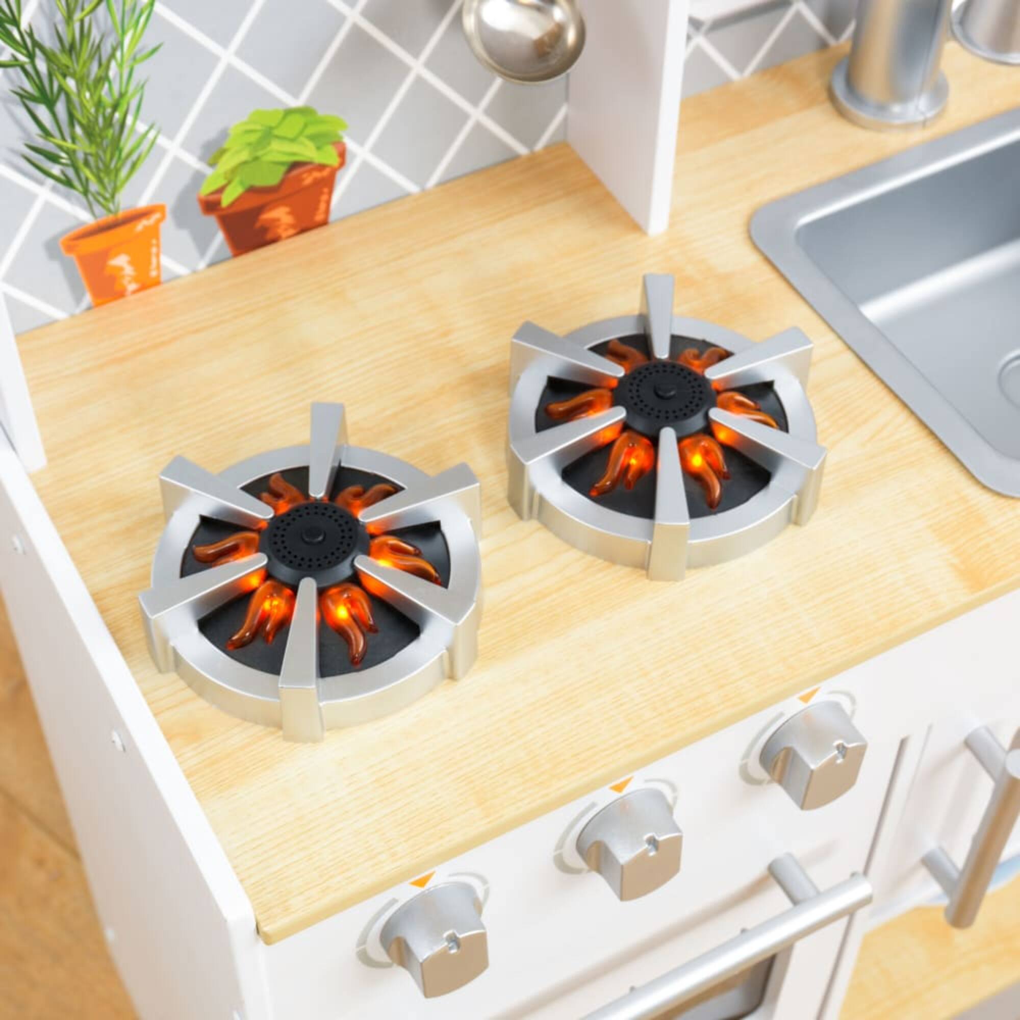 KidKraft Let's Cook Wooden Play Kitchen with Lights & Sounds & Pull-Down Faucet
